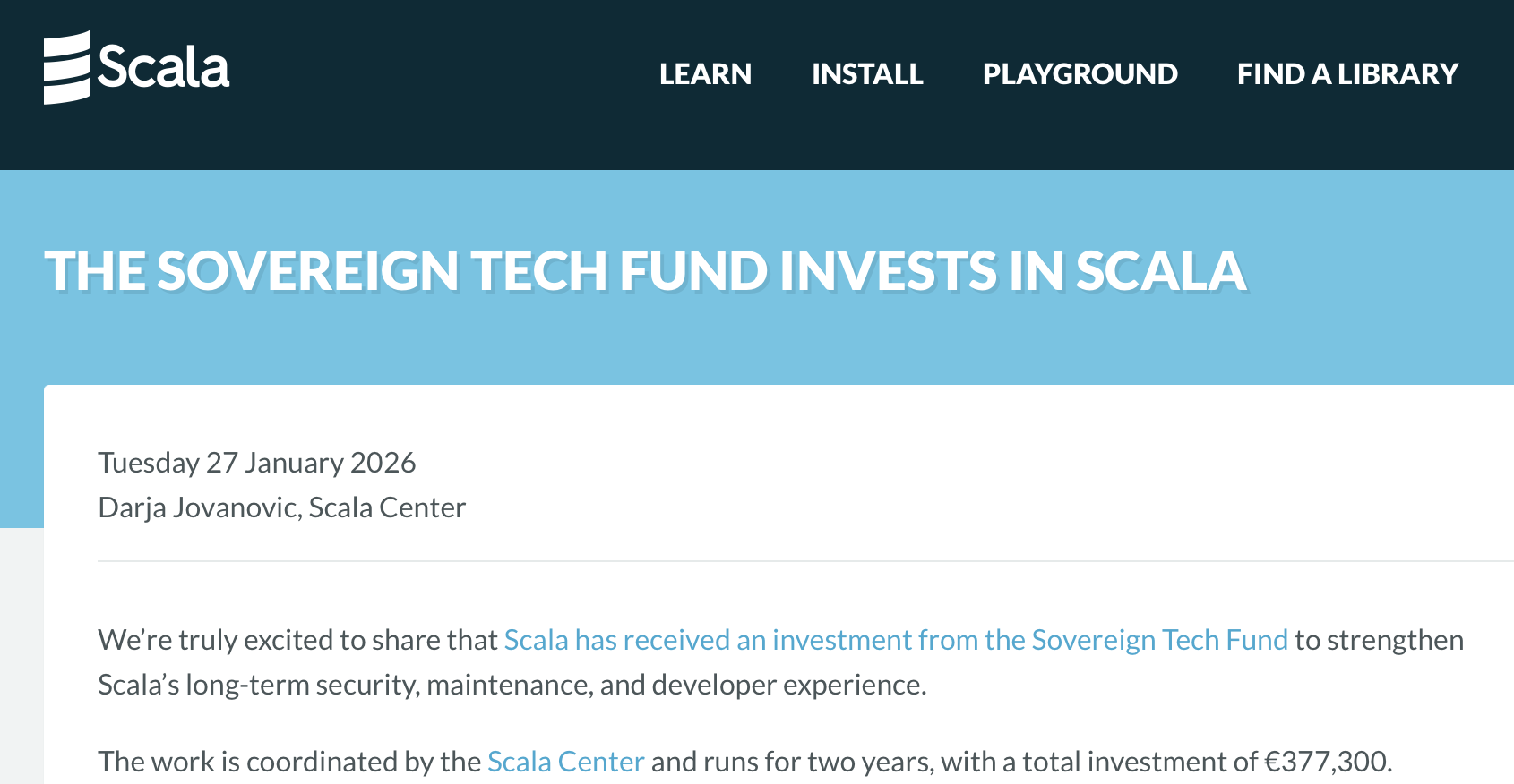 Screenshot of announcement